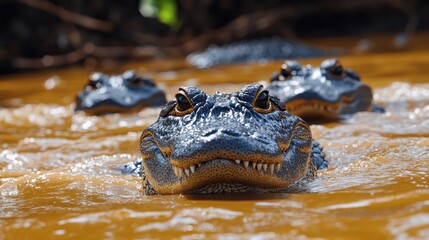 Obraz premium A group of alligators swimming in murky water with close up of the front alligator 78