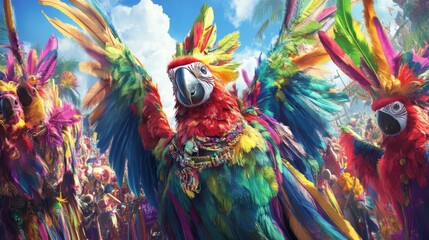 Vibrant Colorful Parrot Costumes in a Tropical Carnival Parade