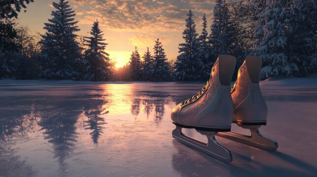 Winter Wonderland: Ice Skates at Sunset on a Frozen Lake