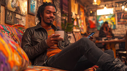 Young man relaxing on a colorful couch in a vibrant cafe, enjoying a coffee and checking his phone.
