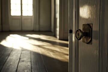 Obraz premium A modern door handle on the side of an open white wooden interior, with light wood flooring and a window in soft focus. focusing only on the metal lock and keyhole of the door. 
