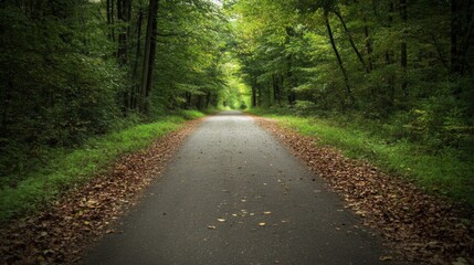 Naklejka premium Scenic paved path through lush green forest with fallen leaves.