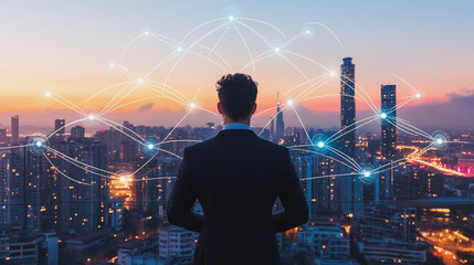  Abstract business man stands on Smart digital Innovation city with connection network reciprocity over the twilight cityscape. of future wireless digital city and social media networking systems