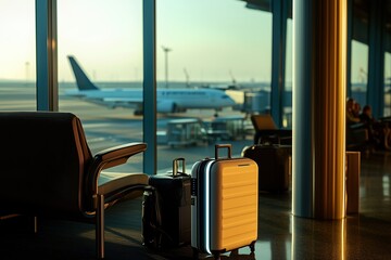 Travelers waiting in airport lounge with luggage at sunset