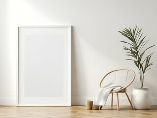 Stylish wooden frame poster displayed on wooden flooring. 
