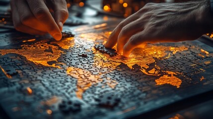 Assembling puzzle pieces over a glowing world map. Generative AI