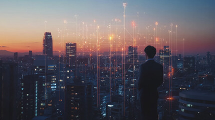  Abstract business man stands on Smart digital Innovation city with connection network reciprocity over the twilight cityscape. of future wireless digital city and social media networking systems