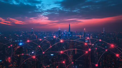 Fototapeta premium Abstract business man stands on Smart digital Innovation city with connection network reciprocity over the twilight cityscape. of future wireless digital city and social media networking systems