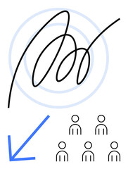 Curved lines creating a dynamic flow, pointing to a group of six people icons via a large blue arrow. Ideal for leadership, teamwork, direction, guidance, collaboration, organization, community. Line