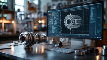 3D Modeling Software and Mechanical Prototype in Modern Workspace. Generative AI