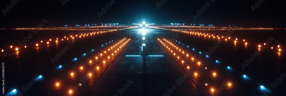 Leinwandbilder Illuminated runway with airplane ready for takeoff at night surrounded by navigation lights. Generative AI