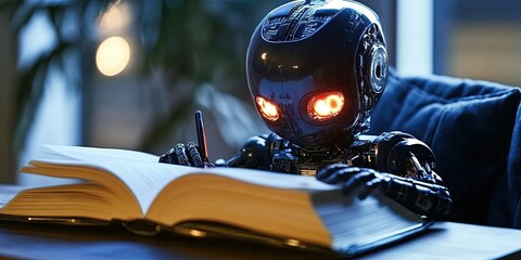 robot writing in book for large language model and artificial intelligence chatbot concept