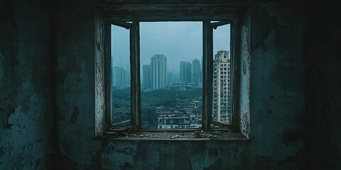 A dilapidated, abandoned structure seen through a shattered window, framing a distant cityscape, evoking themes of decay, transformation, and urban desolation.