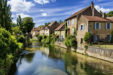 Obraz premium Charming riverside houses along a peaceful stream in rural France