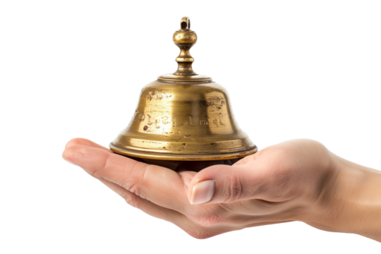 Brass Hand Bell Held in Palm Against a White Transparent Background