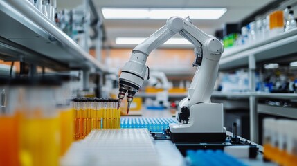 White Robotic Arm Handling Yellow Tubes in a Modern Laboratory Setting