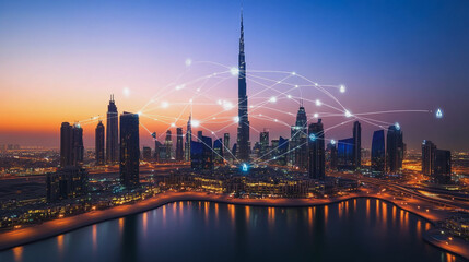 Obraz premium Abstract business man stands on Smart digital Innovation city with connection network reciprocity over the twilight cityscape. of future wireless digital city and social media networking systems