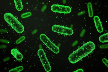 Green-stained Streptococcus pneumoniae cells against a dark backdrop.