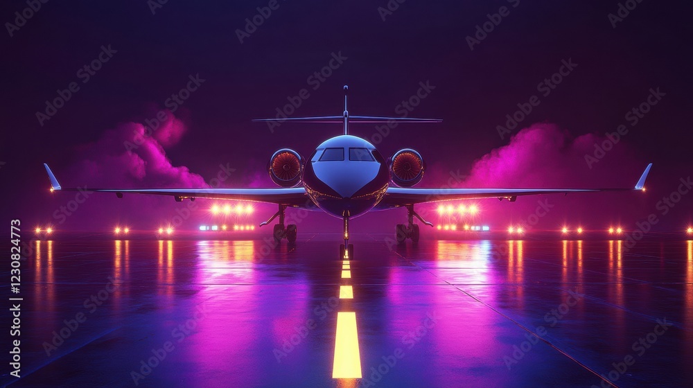Aufkleber brightly illuminated airplane on runway at night surrounded by colorful navigation lights. generativ