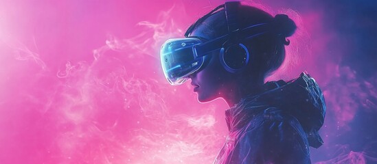 Naklejka premium A futuristic woman wearing a VR headset immersed in a vibrant, colorful digital landscape