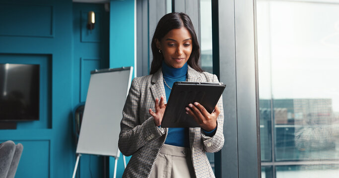 Research, tablet and planning with business woman in office for workshop coordinator, reading and corporate trainer. Feedback, typing and conference organizer with person in agency for schedule