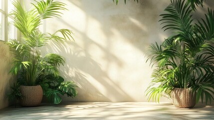 Serene Indoor Space with Tropical Plants and Soft Lighting. Generative AI