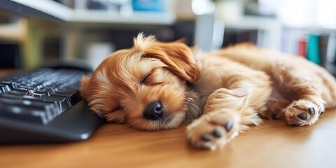 puppy sleeping on desk in home office -