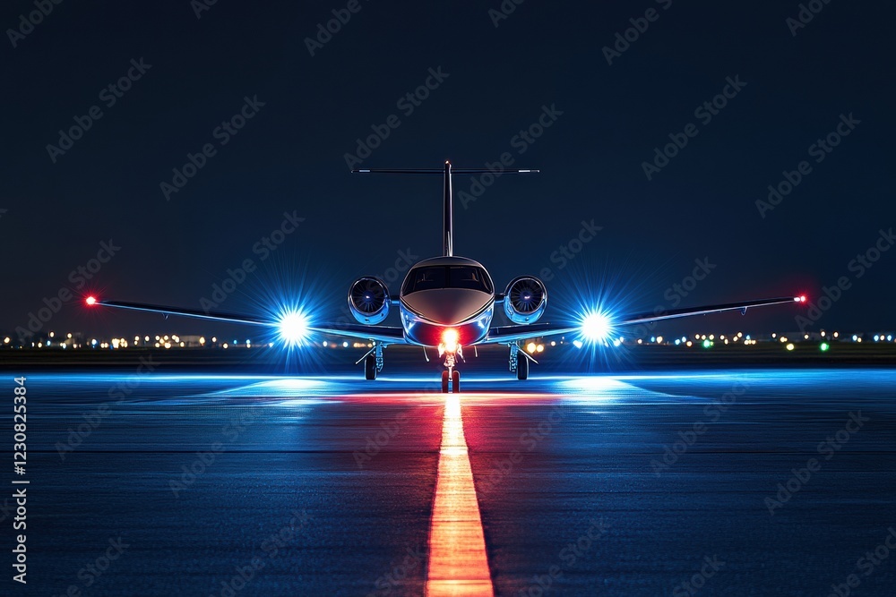 Poster illuminated airplane on runway at night with navigation lights in urban airport. generative ai