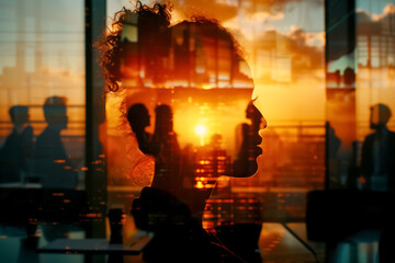 silhouette of woman against vibrant sunset, reflecting city life and diverse individuals in background, evokes sense of contemplation and connection