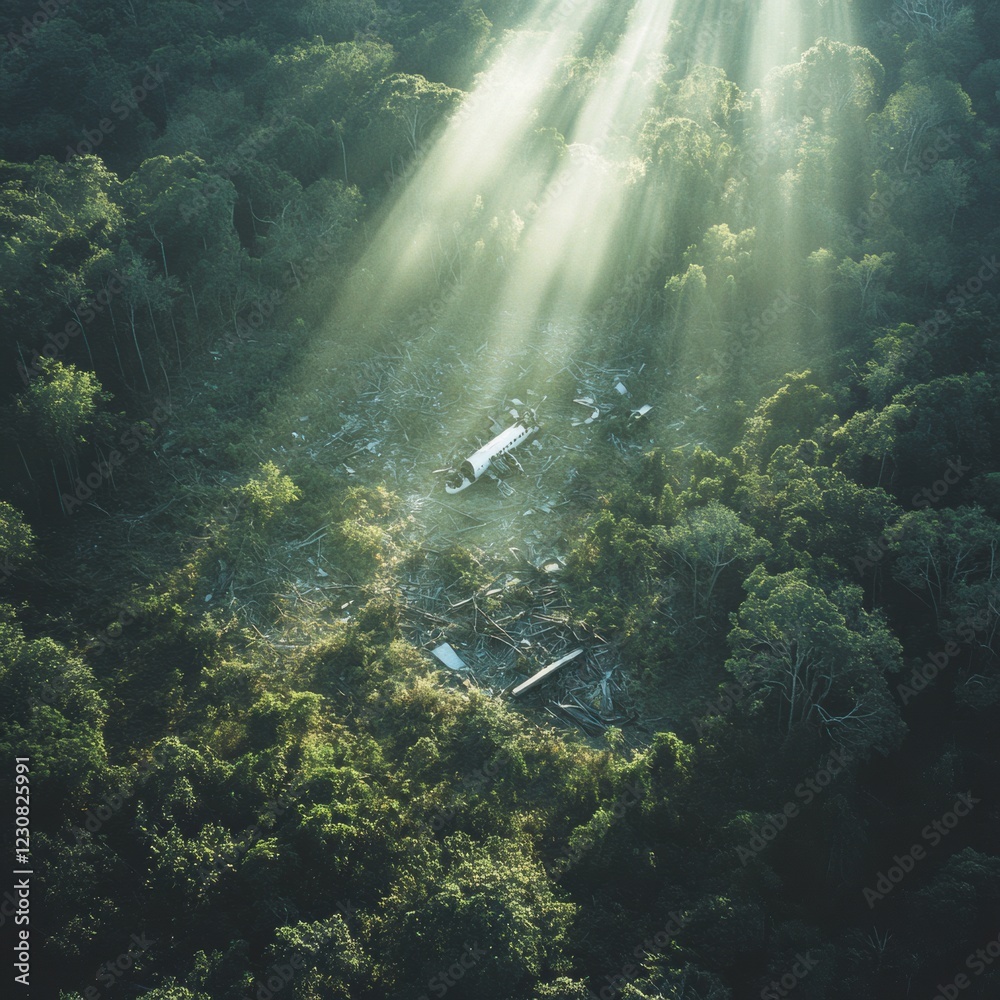 Poster dense forest reveals airplane debris in clearing surrounded by thick green trees with sunlight strea