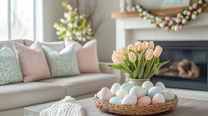 Cozy pastel living room decorated for Easter with fresh flowers and themed garland