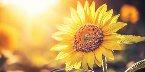 Obraz premium A vibrant sunflower basks in warm sunlight, highlighting its golden petals, intricate center, and the natural beauty of a summer scene.