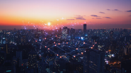 Fototapeta premium Abstract business man stands on Smart digital Innovation city with connection network reciprocity over the twilight cityscape. of future wireless digital city and social media networking systems