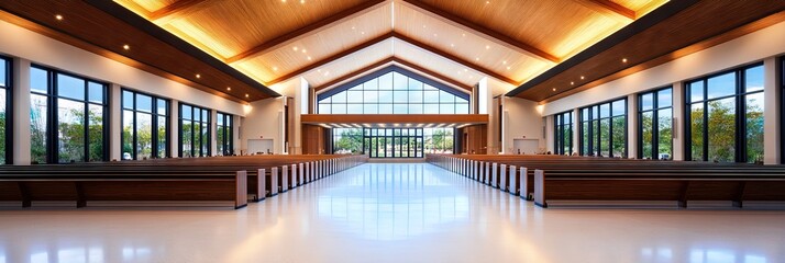 Fototapeta premium modern church interior - nondenominational with pews and no people - empty church setting