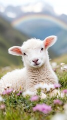 Obraz premium Fluffy lamb resting in a green meadow with wildflowers and a vibrant rainbow overhead