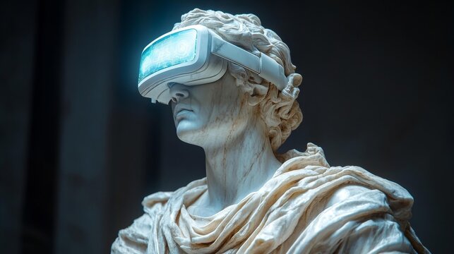 Ancient Statue with Virtual Reality Headset. Generative AI