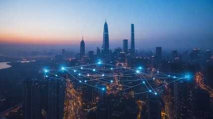  Abstract business man stands on Smart digital Innovation city with connection network reciprocity over the twilight cityscape. of future wireless digital city and social media networking systems