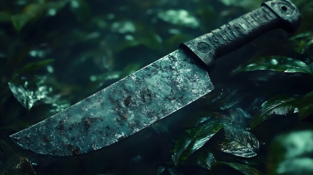 A knife is laying on a leafy green background