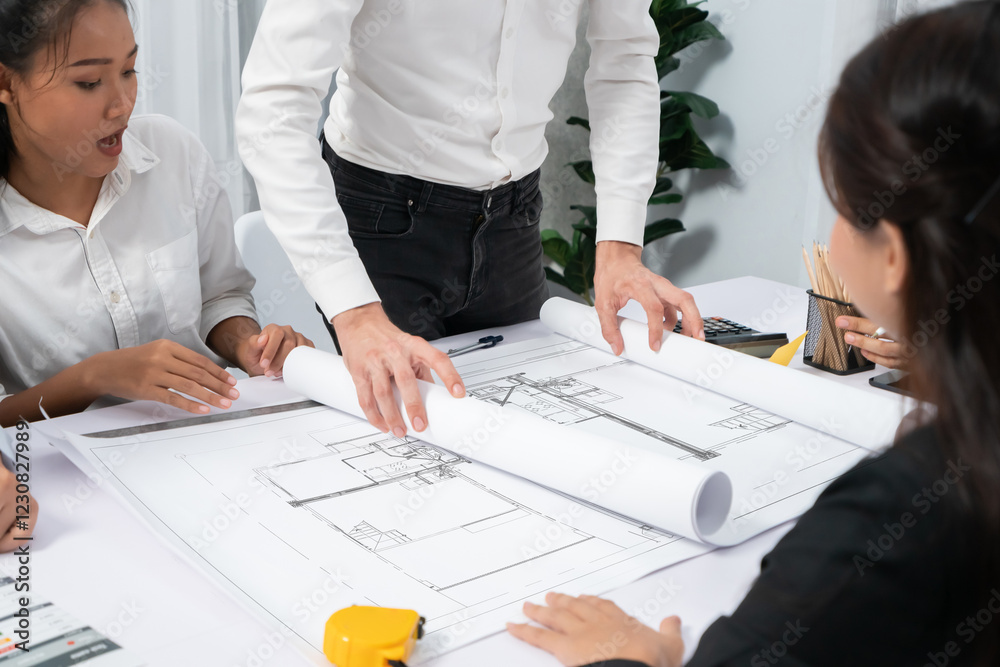 Aufkleber diverse group of civil engineer and client working together on architectural project, reviewing cons