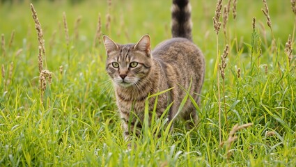 Majestic feline exploring lush meadow