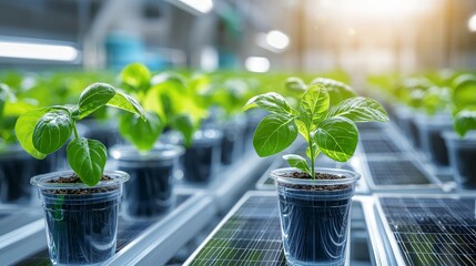 A lively green office with solar panels visible through large windows, eco-friendly workstations, and employees enjoying wellness amenities like indoor gardens