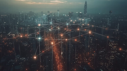 Fototapeta premium Abstract business man stands on Smart digital Innovation city with connection network reciprocity over the twilight cityscape. of future wireless digital city and social media networking systems