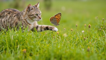 Playful cat chasing colorful butterfly in a sunny garden