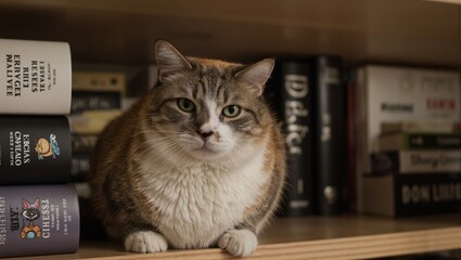 Adorable cat relaxing on a bookshelf