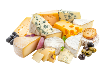 Gourmet Cheese Platter Featuring Assorted Varieties Including Soft, Semi-Soft, and Hard Cheeses Isolated on a White Background