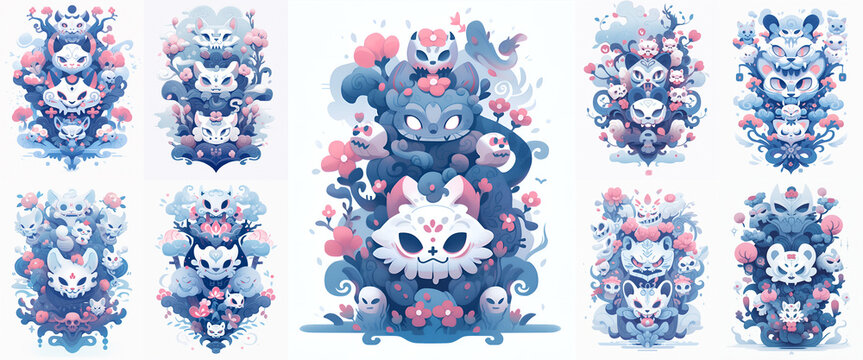 Light blue and pink composition with magic cats with flowers