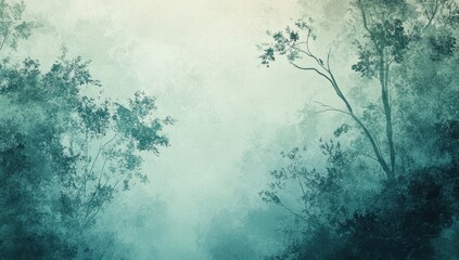 A soft, dreamy watercolor background with trees in shades of teal and gray, creating an ethereal atmosphere for a tranquil wallpaper design