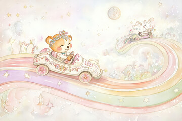 Cute bear and rabbit driving colorful cars on whimsical rainbow road, surrounded by pastel clouds and stars, creating joyful and dreamy atmosphere
