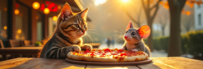 cat and mouse eating pizza at wooden table in street cafe