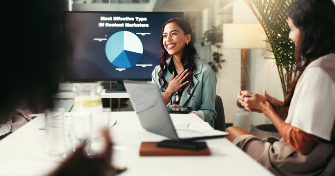 Excited, business people and laptop with applause for good news, promotion or winning at office desk. Happy group, employees or clapping with smile for success, congratulations or acknowledgement